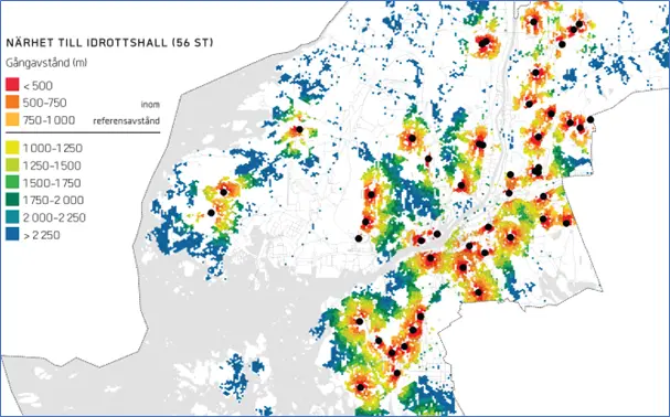 Avstånd till en fullstor
idrottshall i olika delar av Göteborg Stad